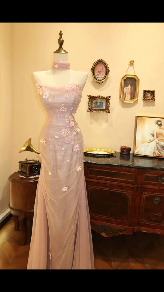 Elegant Mermaid Sweetheart Pink Tulle Floor Length Prom Dress Inspiration Long Prom Dresses B399
