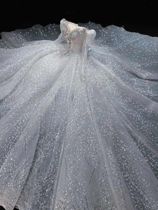 Dreamy Ball Gown Off The Shoulder White Sequins Long Sleeves Wedding Dress Fairy Formal Wedding Dresses B40
