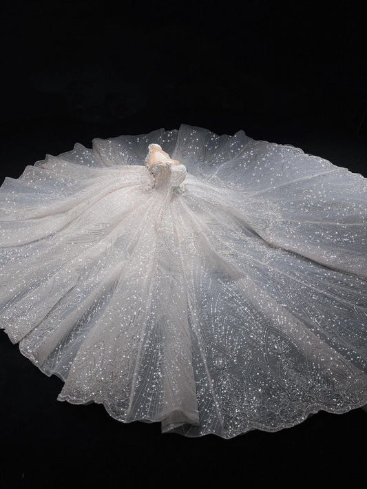 Dreamy Ball Gown Off The Shoulder White Sequins Long Sleeves Wedding Dress Fairy Formal Wedding Dresses B40