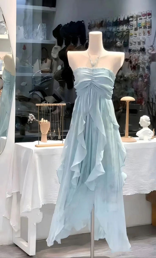 Stunning A Line Light Sky Blue Chiffon Prom Dresses 2026 Inspiration Prom Dress Princess Graduation Dress B401
