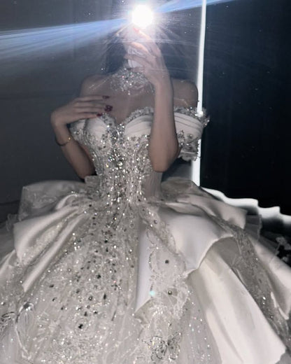 Dreamy Ball Gown Off The Shoulder Tulle Sequins Lace Long Wedding Dress Fairy Formal Short Sleeves Wedding Dresses B42