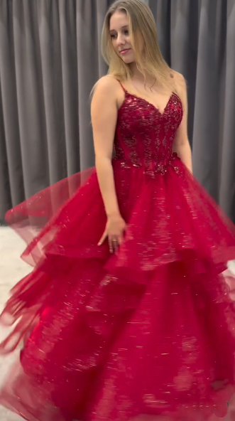 Stunning Ball Gown Spaghetti Straps Tulle Red Prom Dresses Party Dress Princess Graduation Dress B420
