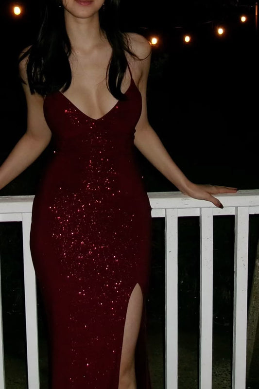 Robe de bal sirène sexy bordeaux à paillettes, dos nu, longue et fendue, longueur au sol, inspiration robes de soirée B423