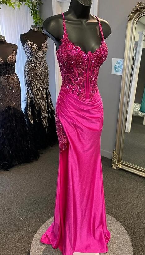 Classic Mermaid Spaghetti Straps Pink Satin Lace Long Prom Dress Inspiration Party Senior Dance Prom Dresses B440