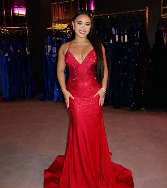 Sexy Mermaid Halter Red Sequins Long Prom Dresses Party Dress Princess Graduation Dress B443