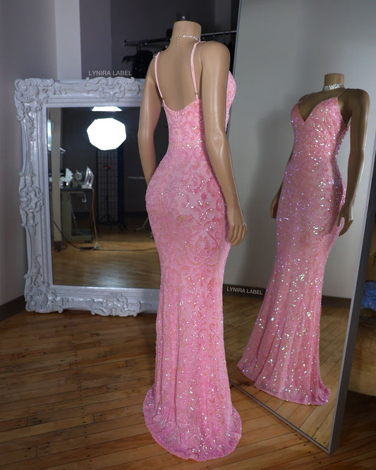 Classic Mermaid Spaghetti Straps Pink Sequins Lace Long Prom Dress Inspiration Party Senior Dance Prom Dresses B444