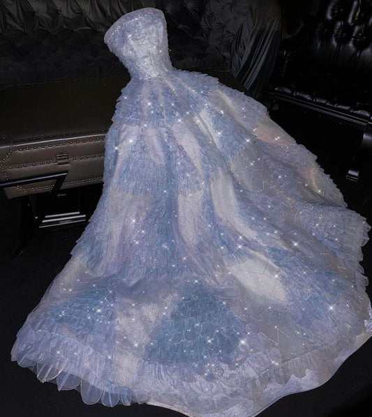 Dreamy Ball Gown Strapless Light Sky Blue Long Tulle Wedding Dress Fairy Formal Wedding Dresses B45