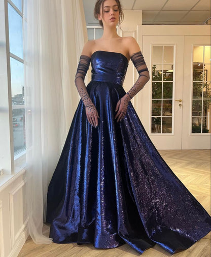 Robe de bal trapèze modeste sans bretelles bleu marine à paillettes, robe de soirée princesse, robe de remise de diplôme B453