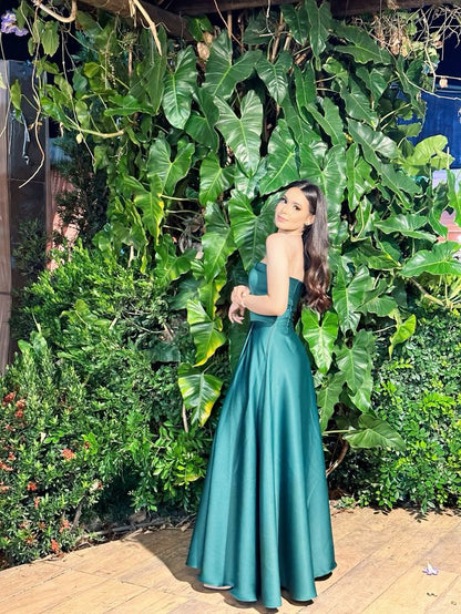 Classy A Line Strapless Dark Green Satin Slit Floor Length Prom Dress Inspiration Long Party Dresses B458