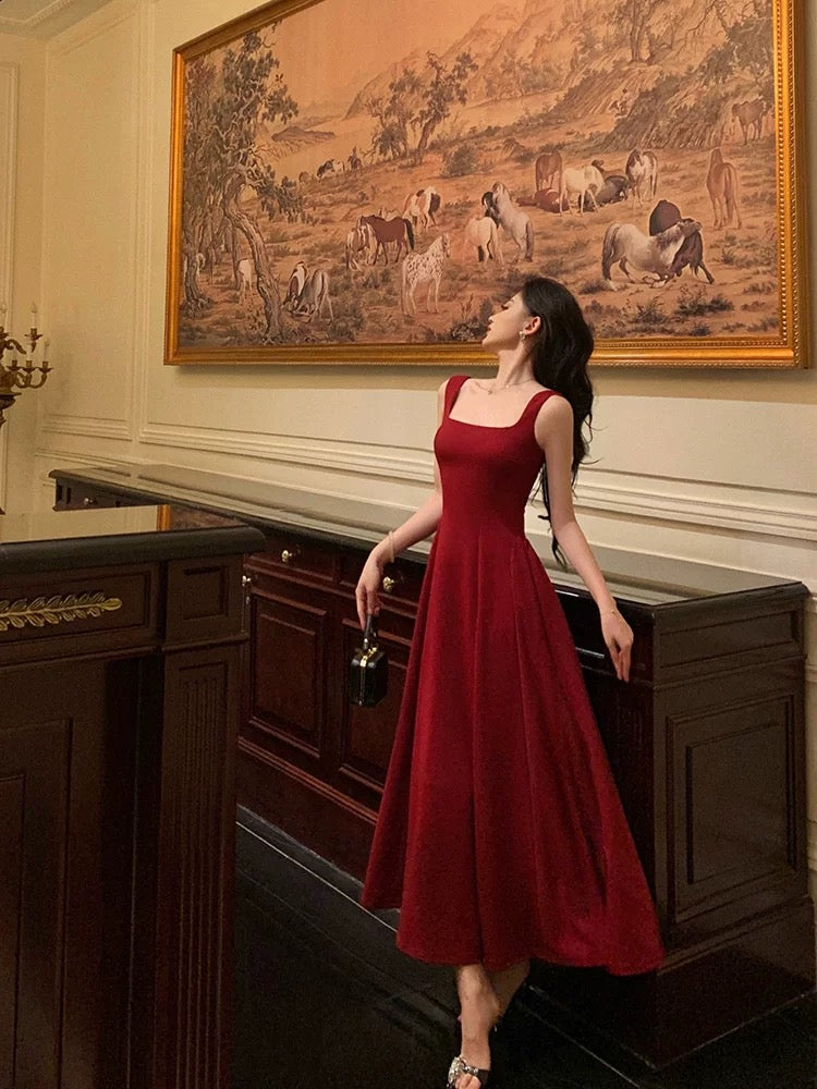 Sexy A-Linie Square Neck Satin Burgunderrot Ballkleider Inspiration Einfaches Abschlusskleid B459