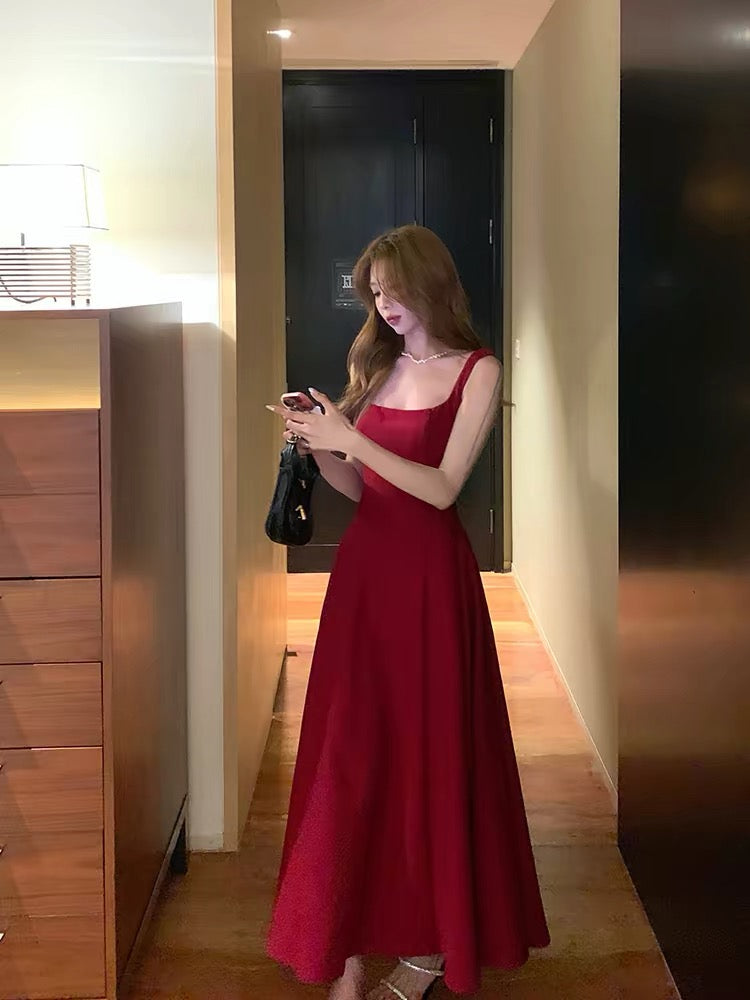 Sexy A-Linie Square Neck Satin Burgunderrot Ballkleider Inspiration Einfaches Abschlusskleid B459