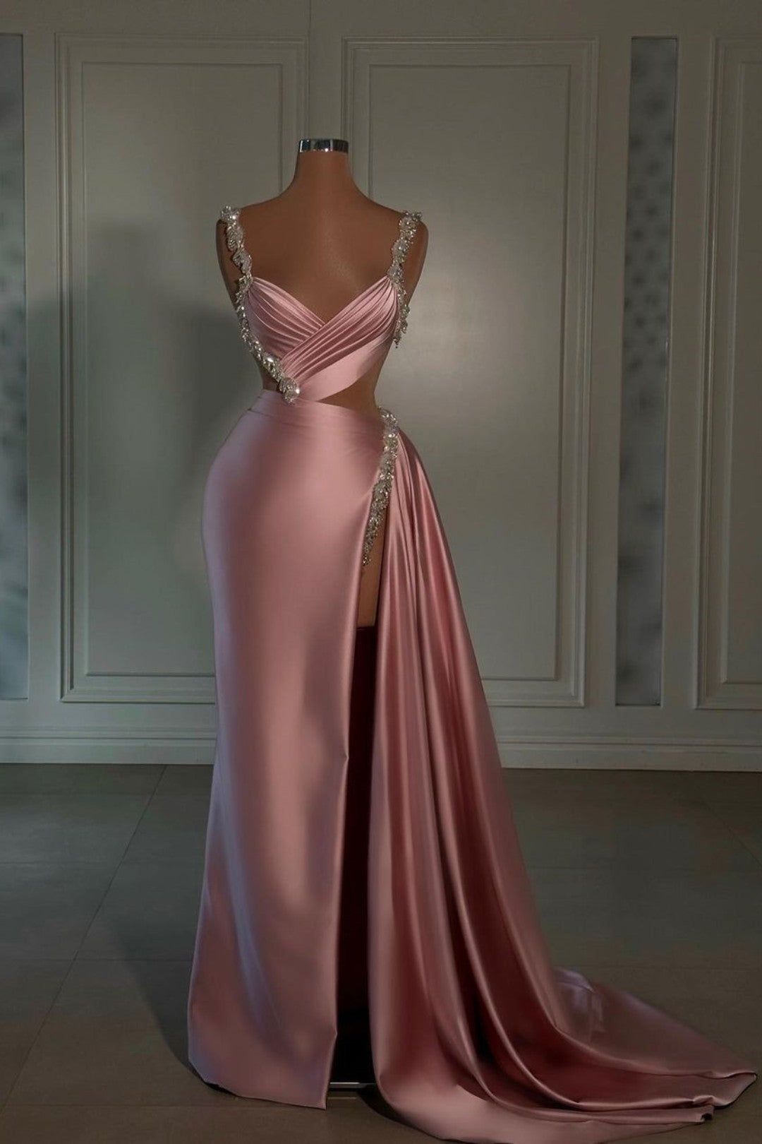 Robe de bal sirène sexy à bretelles roses fendues et perles argentées, robe de remise de diplôme unique et inspirante B464