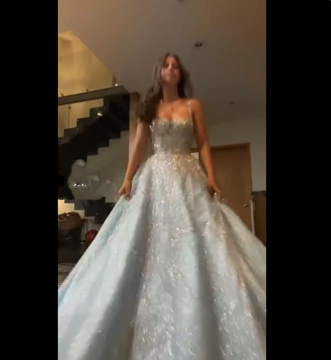 Sexy Ball Gown Spaghetti Straps Light Sky Blue Tulle Sequins Prom Dresses Inspiration Unique Graduation Dress B469