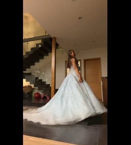 Sexy Ball Gown Spaghetti Straps Light Sky Blue Tulle Sequins Prom Dresses Inspiration Unique Graduation Dress B469