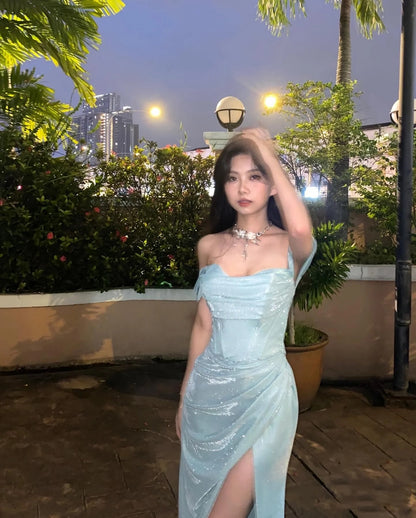 Charming Mermaid Off The Shoulder Light Sky Blue Sequin Slit Prom Dresses Formal Gown Princess Graduation Dress B476