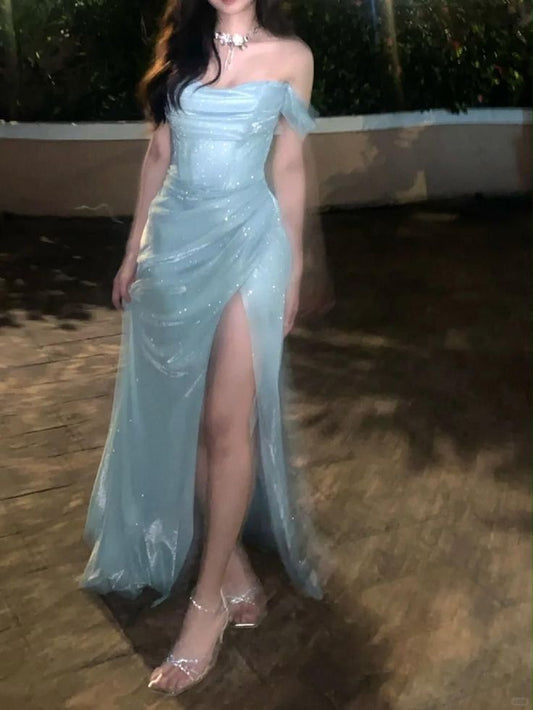 Charmante robe de bal sirène à épaules dénudées et paillettes bleu ciel clair, robe de soirée princesse fendue, robe de remise de diplôme B476
