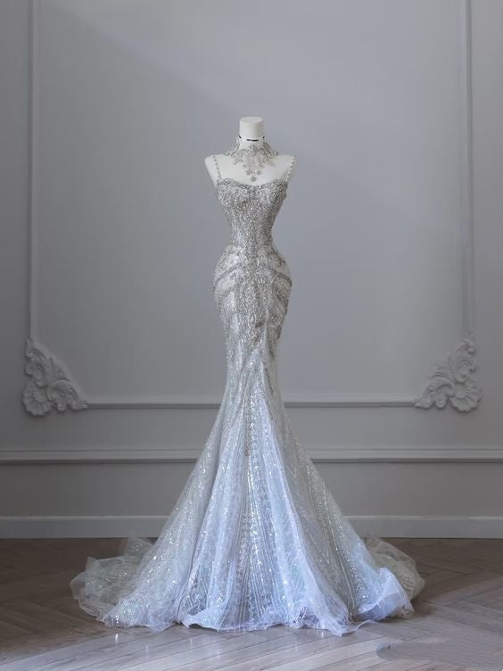 Robe de mariée sirène de rêve à bretelles spaghetti, longue en tulle et paillettes, robes de mariée formelles féeriques B48