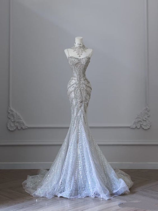 Dreamy Mermaid Spaghetti Straps Long Tulle Sequin Wedding Dress Fairy Formal Wedding Dresses B48