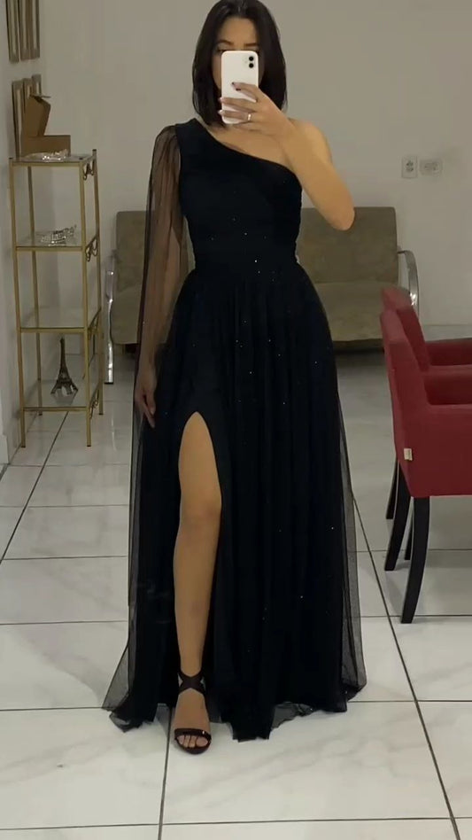 Simple A line One Shoulder Slit Tulle Black Prom Dresses Inspiration Unique Party Formal Graduation Dress B483