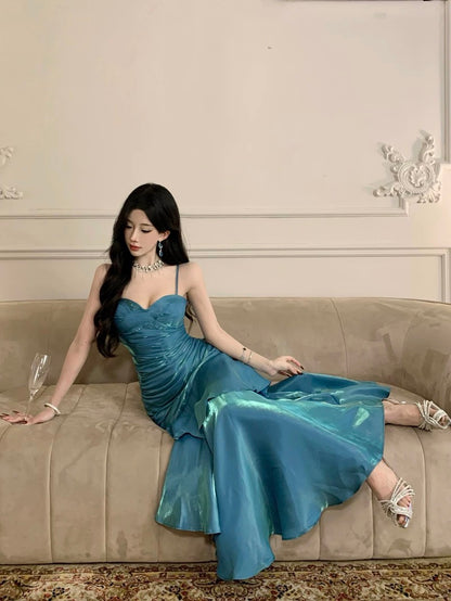 Robe de bal longue bleu ciel, style sirène, sexy, bretelles spaghetti, robe de soirée, robe de princesse, robe de remise de diplôme, B487