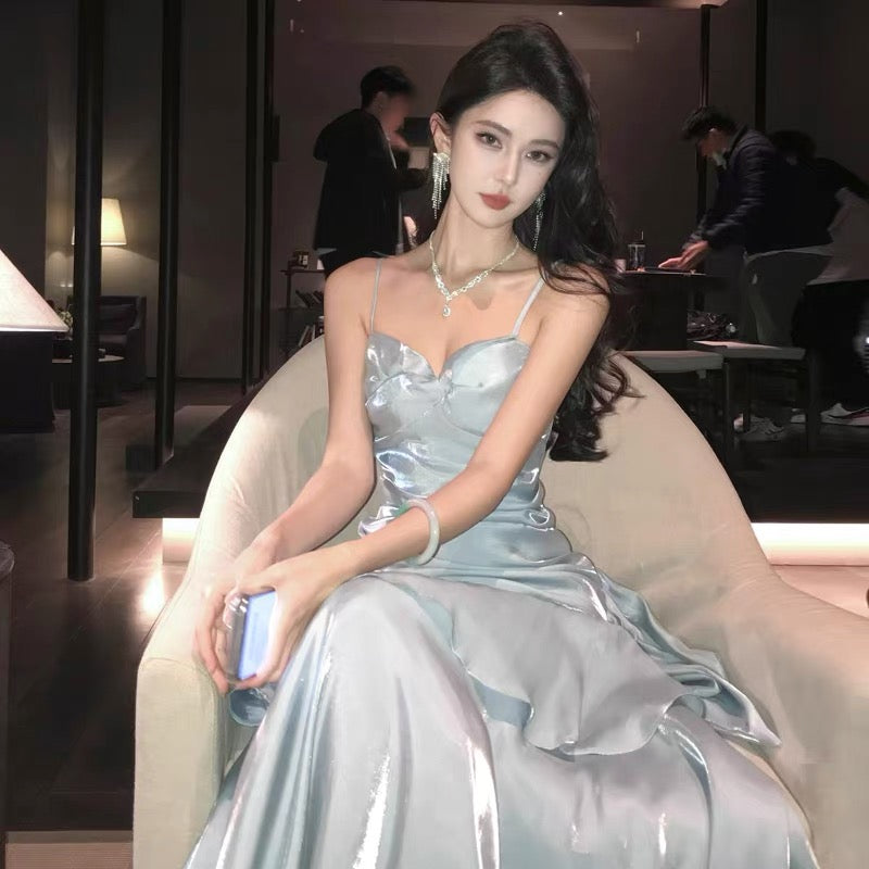 Robe de bal longue bleu ciel, style sirène, sexy, bretelles spaghetti, robe de soirée, robe de princesse, robe de remise de diplôme, B487