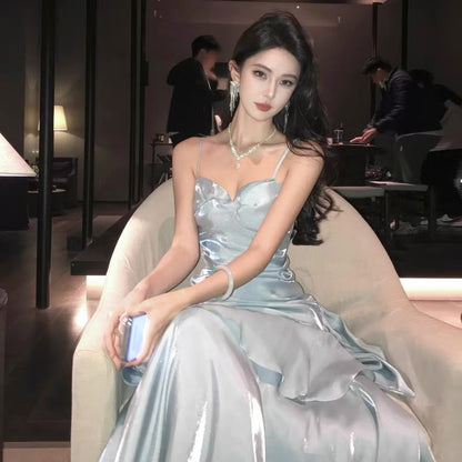 Robe de bal longue bleu ciel, style sirène, sexy, bretelles spaghetti, robe de soirée, robe de princesse, robe de remise de diplôme, B487
