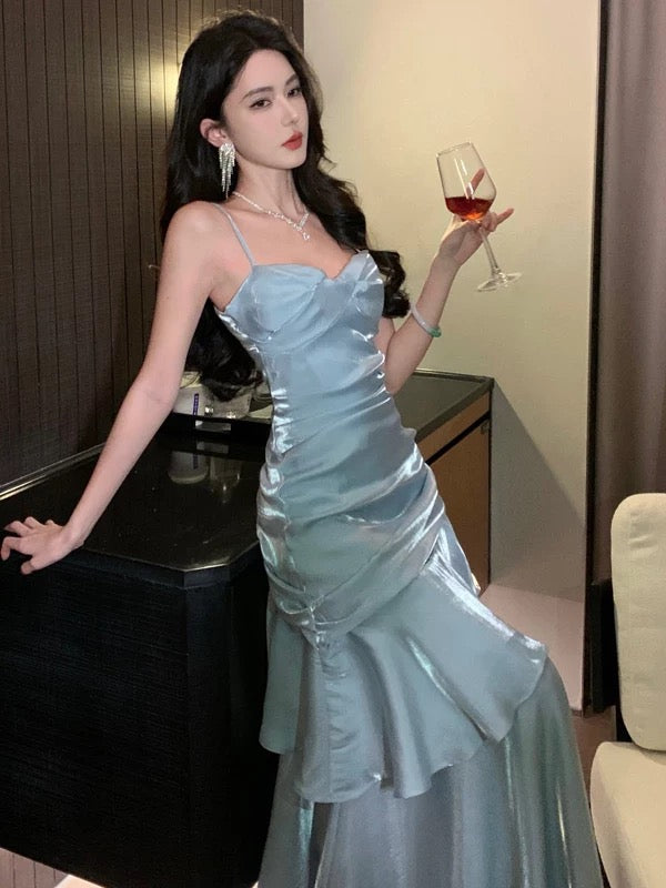 Robe de bal longue bleu ciel, style sirène, sexy, bretelles spaghetti, robe de soirée, robe de princesse, robe de remise de diplôme, B487