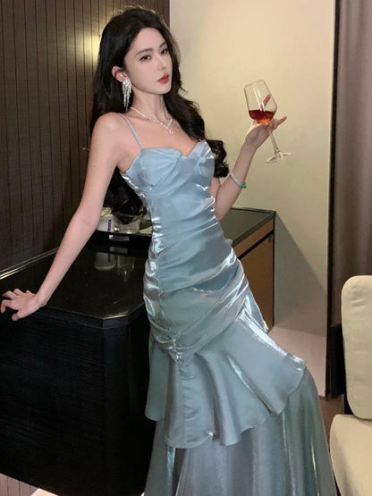 Robe de bal longue bleu ciel, style sirène, sexy, bretelles spaghetti, robe de soirée, robe de princesse, robe de remise de diplôme, B487
