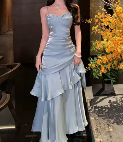 Robe de bal longue bleu ciel, style sirène, sexy, bretelles spaghetti, robe de soirée, robe de princesse, robe de remise de diplôme, B487