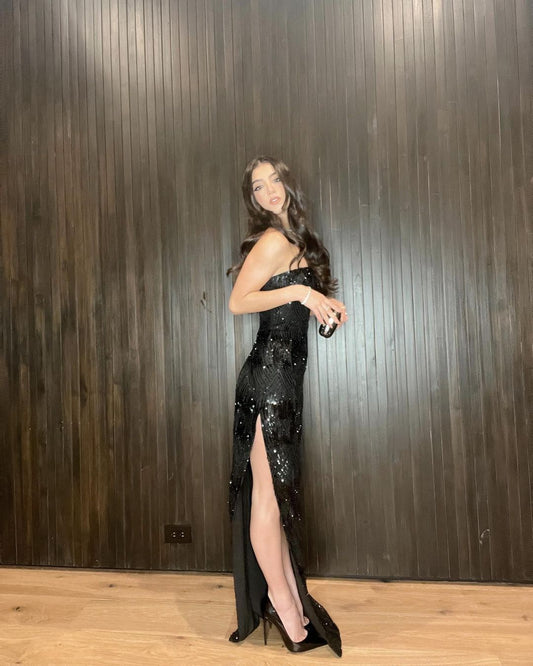 Glitzerndes Etuikleid, trägerlos, schwarz, Schlitz, Pailletten, bodenlang, Ballkleid, Inspiration, lange Party-Ballkleider B488