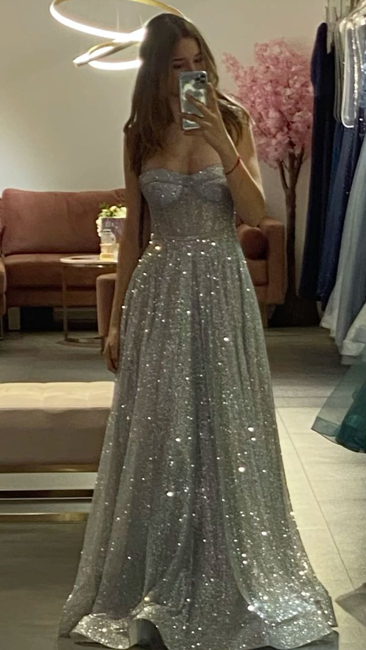 Robe de bal longue et sexy à bretelles spaghetti argentées et paillettes, robe de soirée princesse, robe de remise de diplôme B491