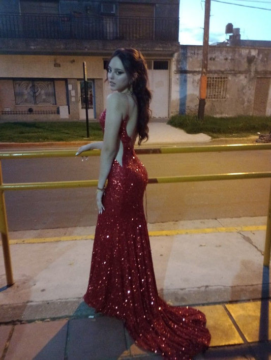 Robe de bal longue et sexy à bretelles spaghetti et paillettes rouges, style sirène, robe de soirée princesse, robe de remise de diplôme, B492