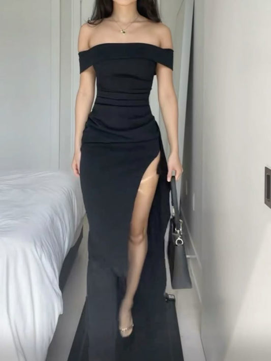 Robe de bal élégante sirène noire à épaules dénudées et fente, inspiration unique, robe de soirée formelle de remise de diplôme B496