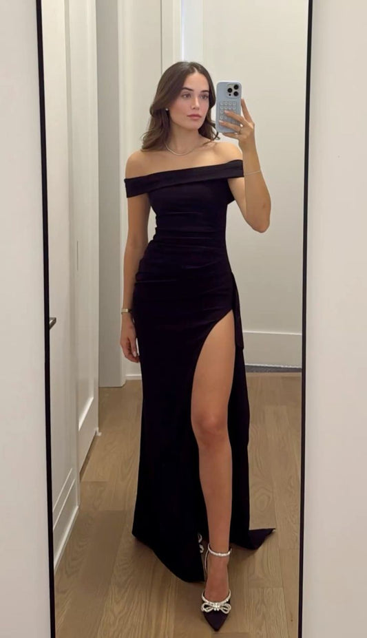 Robe de bal élégante sirène noire à épaules dénudées et fente, inspiration unique, robe de soirée formelle de remise de diplôme B496