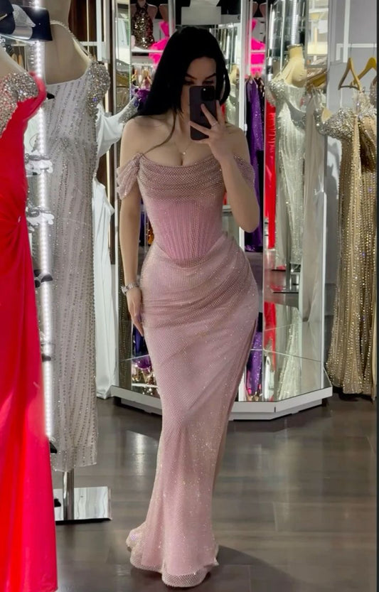 Elegant Mermaid Off The Shoulder Pink Sequin Slit Prom Dresses Inspiration Unique Party Formal Graduation Dress B499