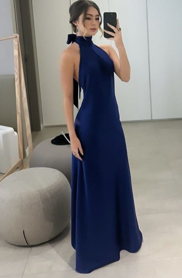 Simple A line Halter Backless Royal Blue Long Prom Dresses Party Dress Princess Graduation Dress B504