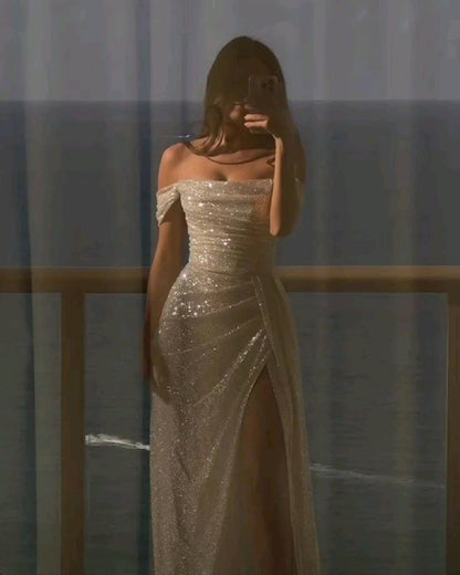 Robe de bal longue à paillettes blanches, fourreau modeste, épaules dénudées, fendue, robe de soirée princesse, robe de remise de diplôme B508