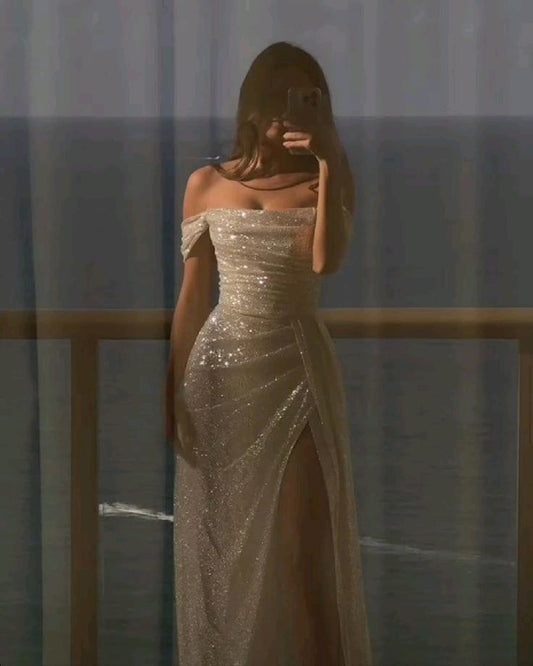 Robe de bal longue à paillettes blanches, fourreau modeste, épaules dénudées, fendue, robe de soirée princesse, robe de remise de diplôme B508