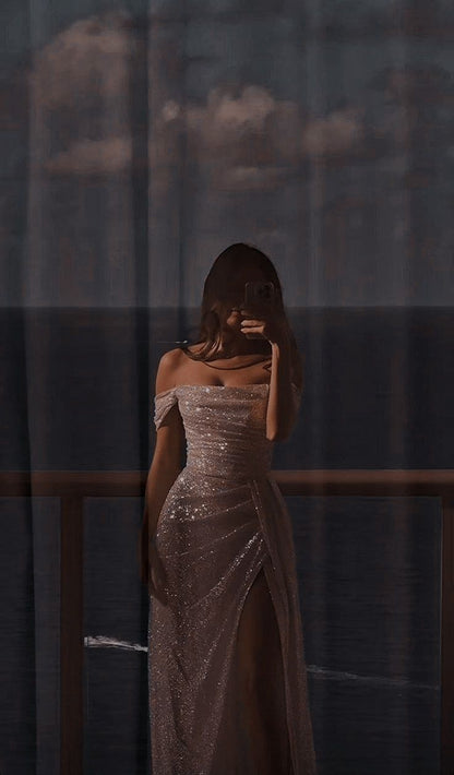 Robe de bal longue à paillettes blanches, fourreau modeste, épaules dénudées, fendue, robe de soirée princesse, robe de remise de diplôme B508