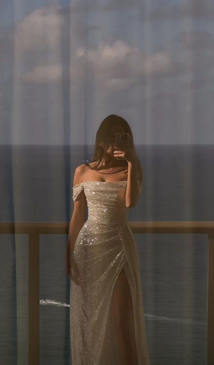 Robe de bal longue à paillettes blanches, fourreau modeste, épaules dénudées, fendue, robe de soirée princesse, robe de remise de diplôme B508