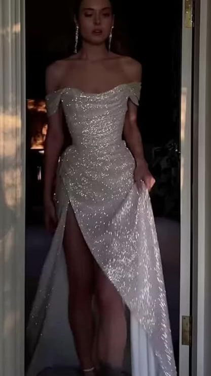 Robe fourreau intemporelle à épaules dénudées et paillettes blanches, longue robe de bal fendue, tenue de soirée, d'anniversaire, de remise de diplôme, B509