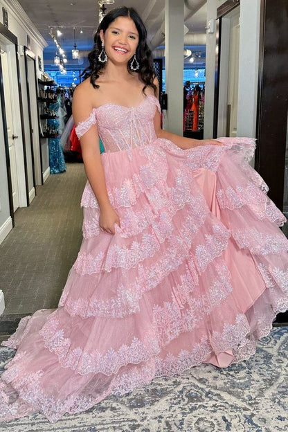 Charming Ball Gown Off The Shoulder Pink Lace Sequin Prom Dresses Inspiration Prom Dress Princess Graduation Dress B515