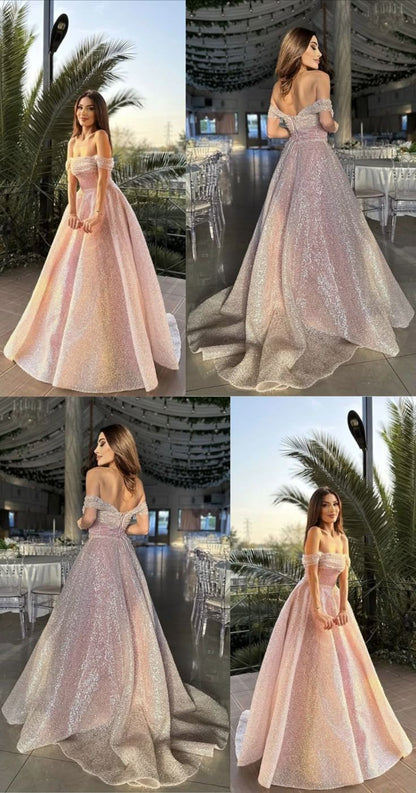 Bescheidenes Ballkleid aus der Schulter, erröten rosa Pailletten, lange Ballkleider, Partykleid, 18. Geburtstag, Outfits, Abschlusskleid B517