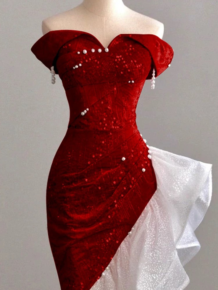Élégante Robe de Soirée Formelle Sirène Rose Épaules Dénudées Manches Courtes Paillettes Anniversaire Bal de Promo N2816