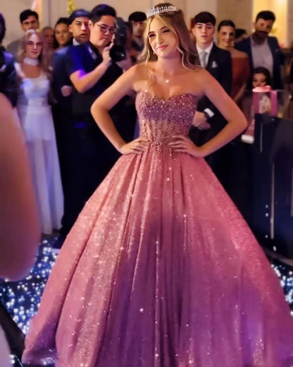 Robe de bal élégante en cœur, sans manches, paillettes, longueur au sol, rose, idées d'inspiration, robes de bal, robe de soirée B524