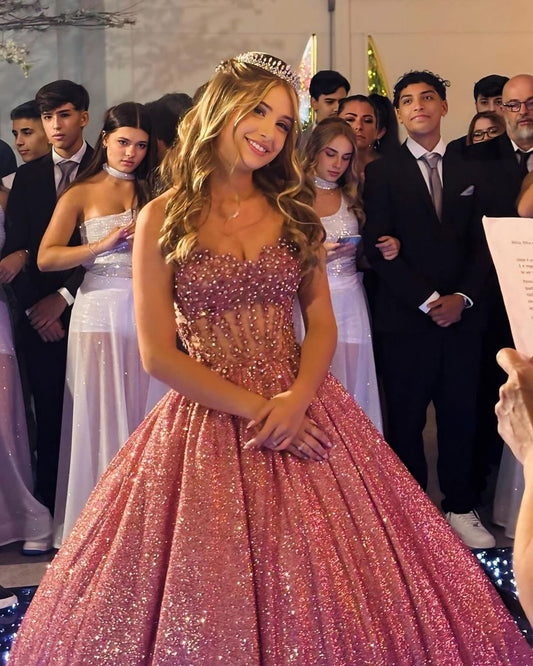 Elegant Ball Gown Sweetheart Sleeveless Sequin Floor Length Pink Prom Dress Inspiration Ideas Prom Inspo Dresses Party Dress B524