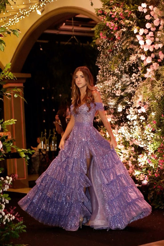 Modest Ball Gown Off The Shoulder Light Grape Sequin Slit Long Prom Dresses Party Dress 18th Birthday Outfits Graduation Dress B525