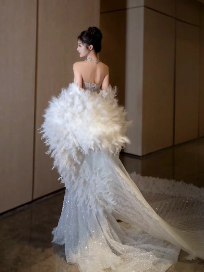 Verträumtes Meerjungfrau-Brautkleid mit Rundhalsausschnitt und langem Tüll und Pailletten, Fee, formelle Brautkleider B53