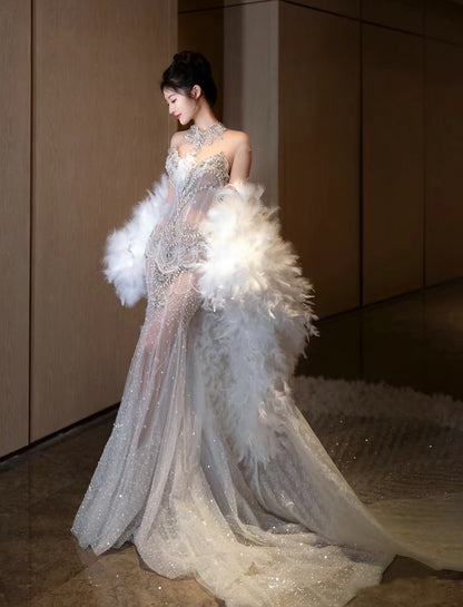 Verträumtes Meerjungfrau-Brautkleid mit Rundhalsausschnitt und langem Tüll und Pailletten, Fee, formelle Brautkleider B53