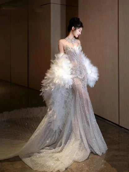 Verträumtes Meerjungfrau-Brautkleid mit Rundhalsausschnitt und langem Tüll und Pailletten, Fee, formelle Brautkleider B53